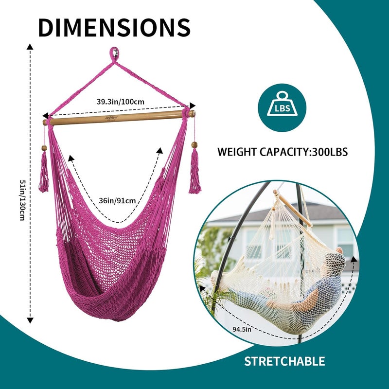 JoyView Hammock Chair with Spreader Bar Caribbean Hammock Swing Chair 300 LBS Weight Capacity XL Rope Hanging Chair for Outdoor Indoor Garden Yard - Pink - Image 2